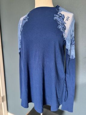 Free People Navy Blue Long Sleeve Top with Lace Floral Shoulder Appliqué